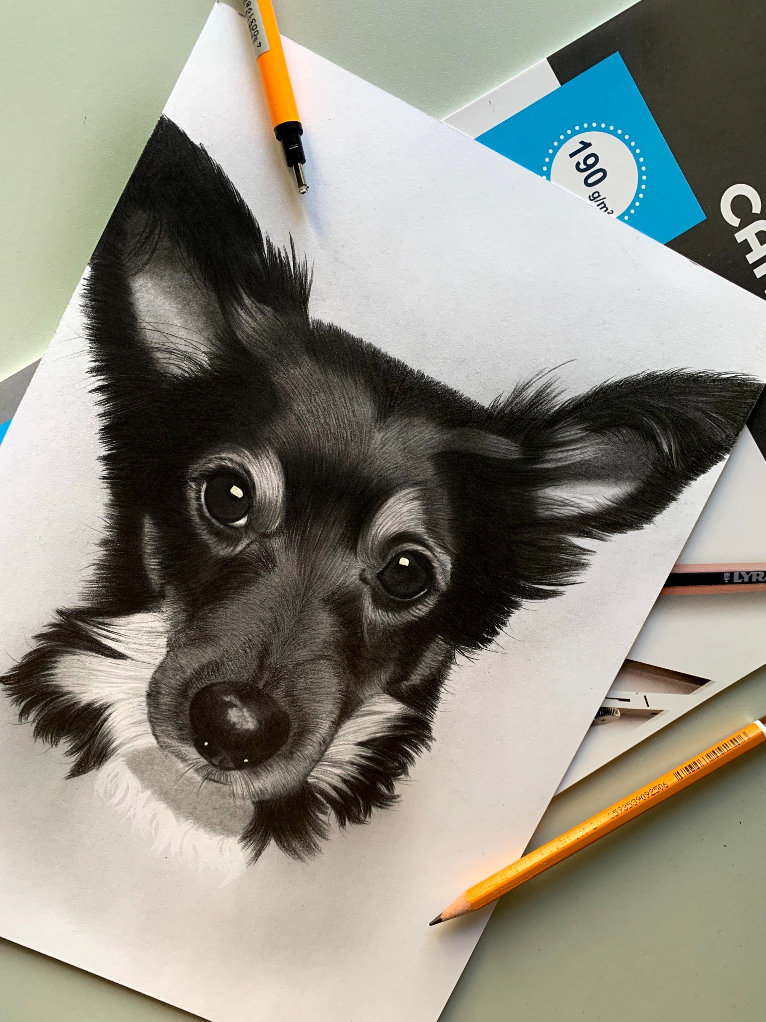 Szkic ołówkiem przedstawiający portret psa rasy Chihuahua z długimi uszami, leżący na arkuszu papieru obok ołówków i kartki z gramaturą 190 g/m2.