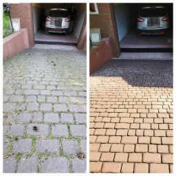 Porównanie kostki brukowej przed i po czyszczeniu: lewa strona z chwastami i igliwiem, prawa strona czysta, w tle zaparkowany samochód w garażu.