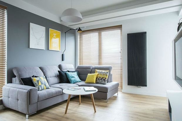 Jasne wnętrze salonu z szarym narożnikiem, drewnianą podłogą i czarnym grzejnikiem panelowym na białej ścianie. Na ścianie grafiki w ramkach i lampa ścienna.