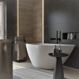 Nowoczesna łazienka z wolnostojącą białą wanną, czarną armaturą i drewnianą okładziną ścienną z subtelnym oświetleniem LED, uzupełniona o minimalistyczny stolik pomocniczy i szary dywanik.
