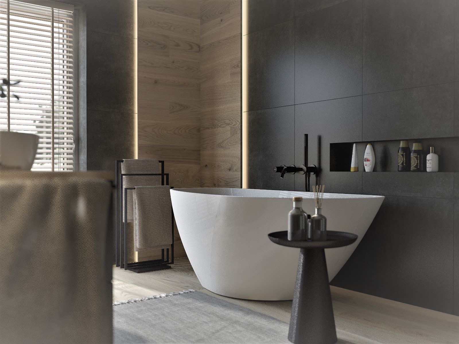 Nowoczesna łazienka z wolnostojącą białą wanną, czarną armaturą i drewnianą okładziną ścienną z subtelnym oświetleniem LED, uzupełniona o minimalistyczny stolik pomocniczy i szary dywanik.