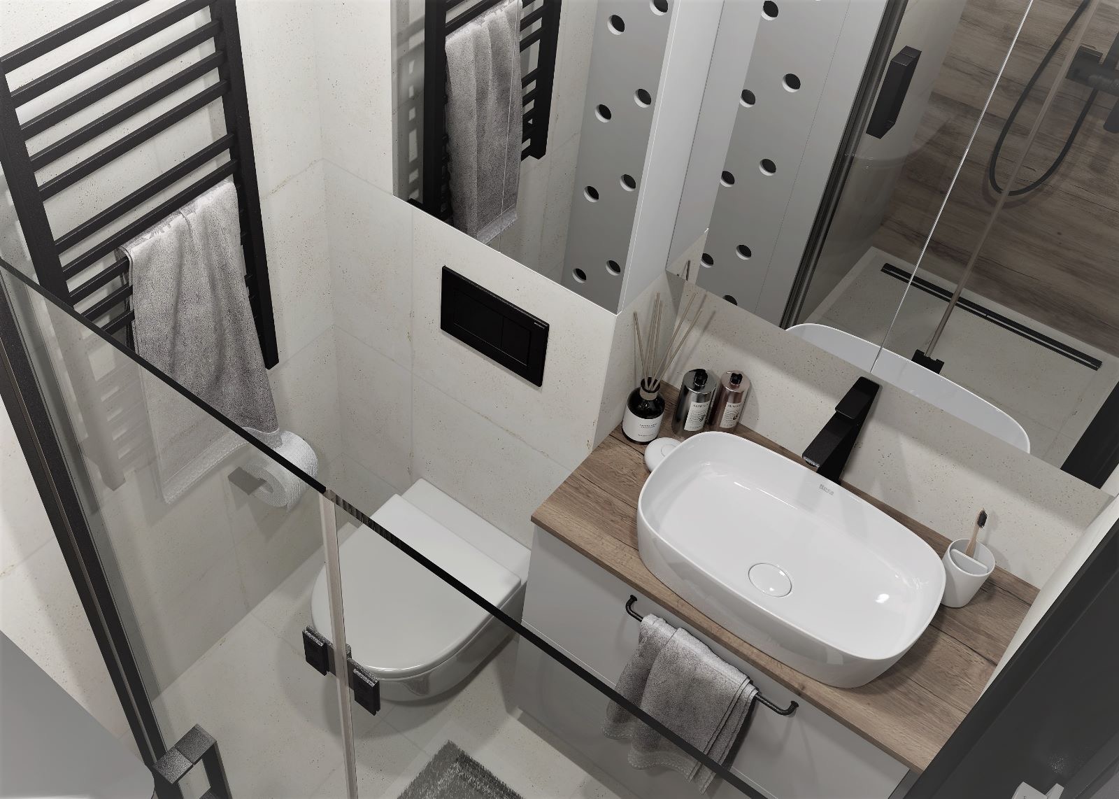 Nowoczesna łazienka z umywalką nablatową, minimalistyczną toaletą podwieszaną, grzejnikiem drabinkowym z ręcznikami i kabiną prysznicową z czarnymi akcentami.