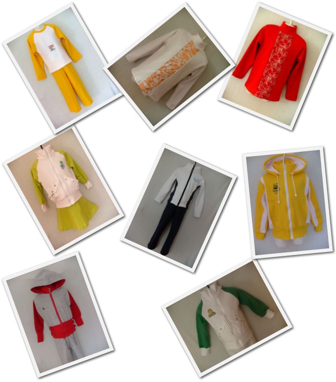 Kolaż przedstawiający różnokolorowe komplety odzieży dziecięcej, w tym dresy, bluzy i zestawy z bluzką i spodniami, ułożone na białym tle w ramkach.