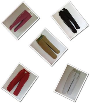 Zestawienie pięciu par spodni dresowych dla dzieci w różnych kolorach (różowy, czarny, brązowy, czerwony, szary) ułożonych na białym tle i sfotografowanych pod kątem.