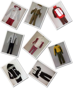 Zestawienie ubrań dziecięcych, dresów i kurtek w różnych kolorach i fasonach, ułożonych na białym tle z efektem polaroidu.