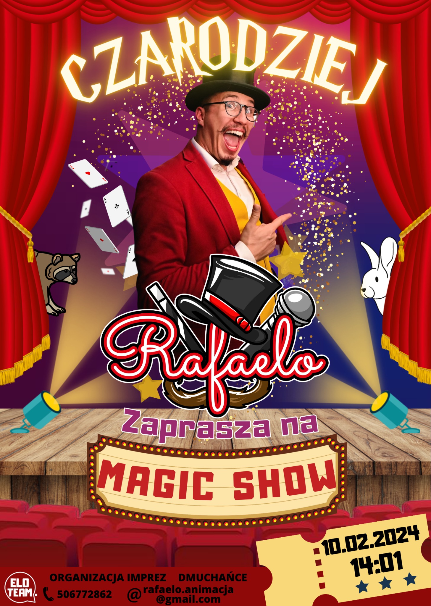 Plakat z iluzjonistą Rafałem w czerwonym fraku, zapraszającym na Magic Show. Scena z kurtyną, karty, królik, szop i data 10.02.2024. Stylizowany napis 'Czarodziej'.