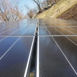 Rząd paneli słonecznych, widok z bliska na konstrukcję montażową, w tle drzewa bez liści i maszt telekomunikacyjny na wzgórzu.