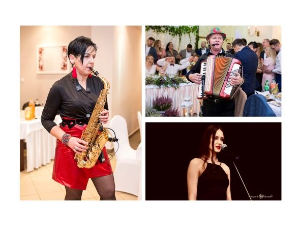 Kolaż zdjęć: kobieta grająca na saksofonie w czarno-czerwonym stroju, mężczyzna grający na akordeonie wśród gości weselnych, wokalistka śpiewająca w mikrofon.