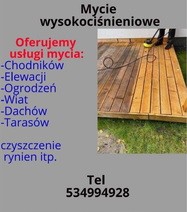 Czyszczenie drewnianego tarasu myjką ciśnieniową, widoczna różnica między umytą a brudną częścią, reklama usług mycia chodników, elewacji, ogrodzeń, wiat, dachów i tarasów.