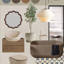 Kolaż wizualizacji łazienki w neutralnych brązach i beżach z akcentami niebieskiego na płytkach podłogowych, obejmujący wannę, umywalkę nablatową, wiszącą toaletę, lustro w ozdobnej ramie, lampę...