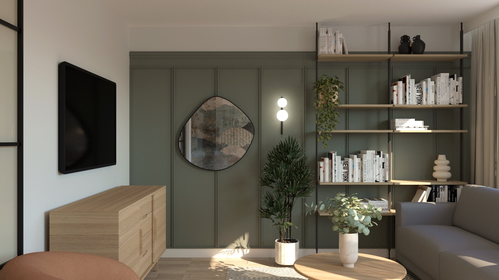 Wizualizacja salonu z zieloną ścianą, asymetrycznym lustrem, drewnianą komodą pod telewizorem i regałem z książkami, uzupełniona roślinami doniczkowymi i szarą sofą.