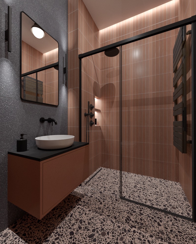 Wizualizacja łazienki z umywalką nablatową, kabiną prysznicową typu walk-in z czarnymi ramami, terazzo na podłodze i beżowymi płytkami ułożonymi pionowo na ścianach.