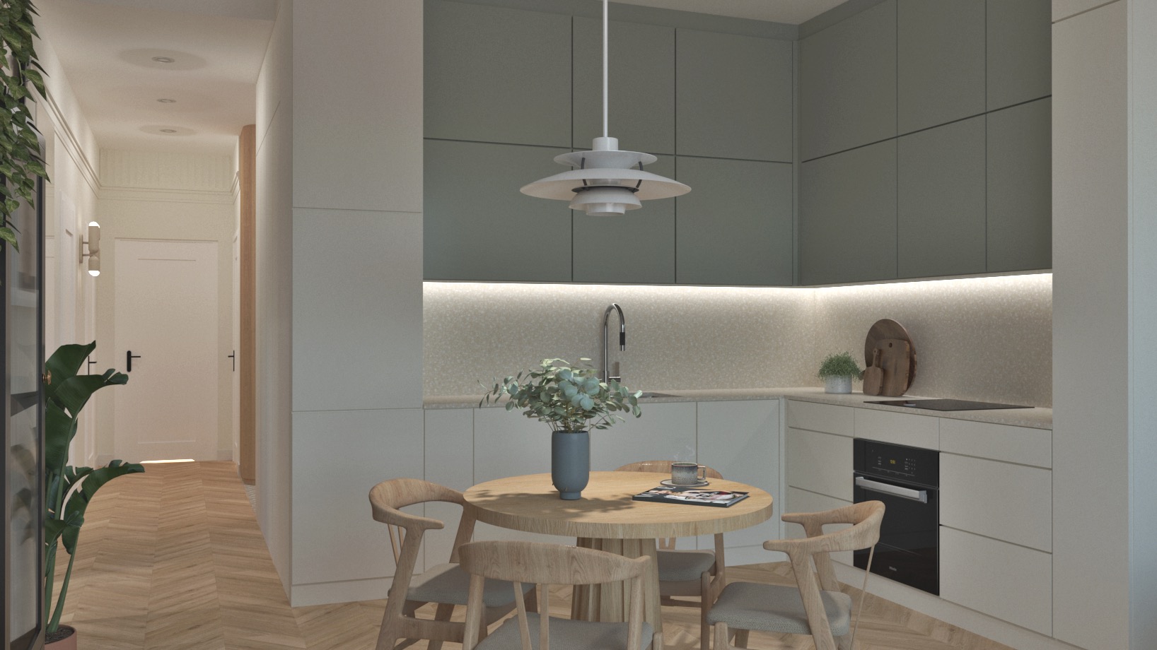 Wnętrze kuchni w neutralnych barwach z drewnianym stołem i krzesłami, wiszącą lampą i rośliną w wazonie na stole. W tle widoczne szafki kuchenne w odcieniach szarości i beżu oraz fragment holu...
