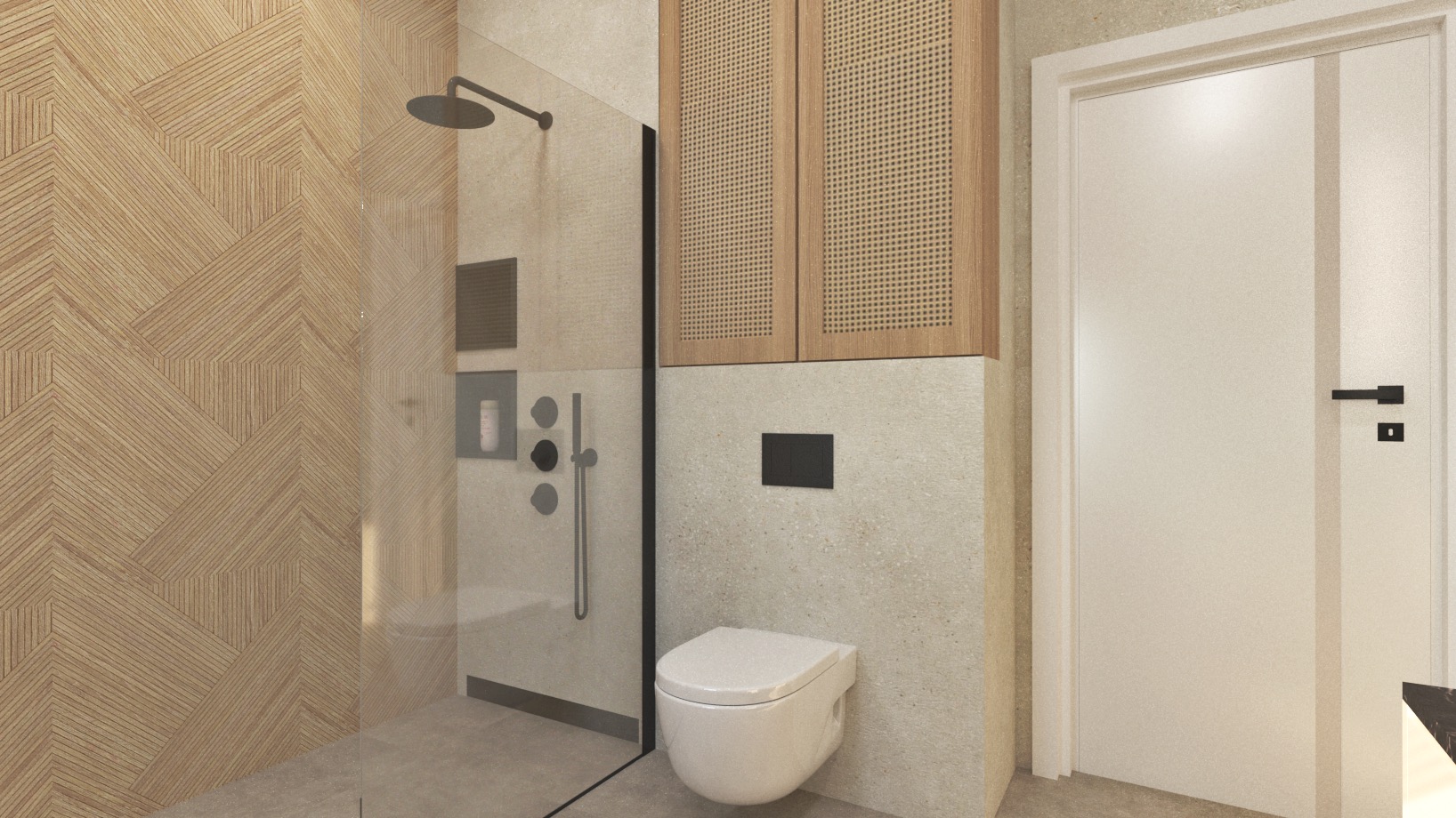 Nowoczesna łazienka z kabiną prysznicową typu walk-in, drewnianą ścianą w geometryczny wzór, wiszącą toaletą i szafką z plecionki rattanowej.