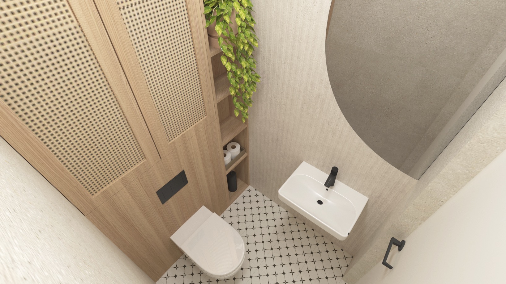 Wizualizacja małej łazienki z toaletą, umywalką i szafką z półkami, wykończonej w jasnych kolorach z drewnianymi akcentami i rośliną doniczkową.