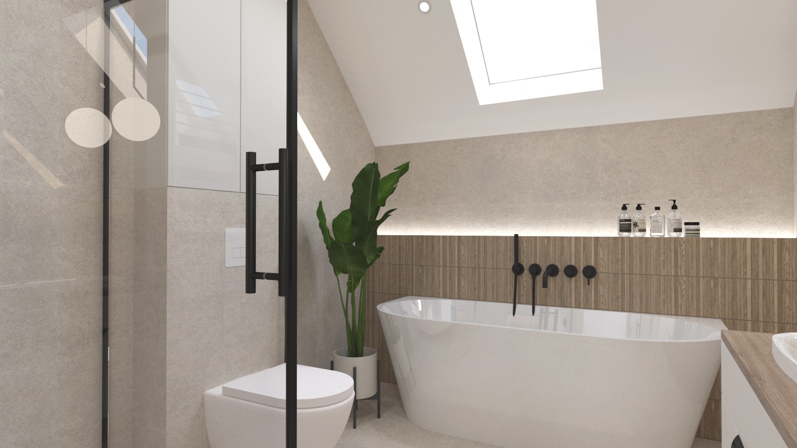 Wizualizacja nowoczesnej łazienki na poddaszu z owalną białą wanną, czarną armaturą, rośliną doniczkową i oknem dachowym.