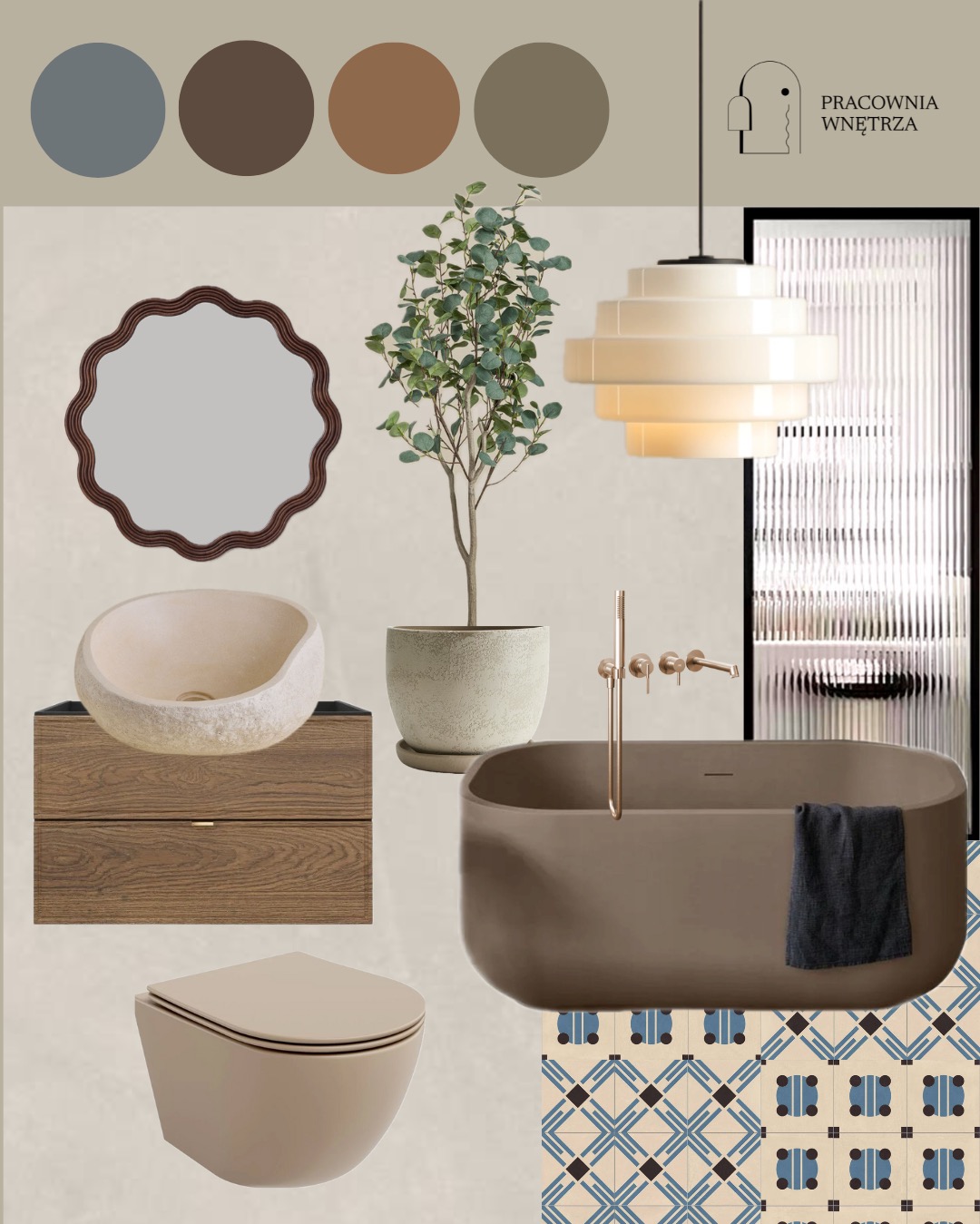 Kolaż wizualizacji łazienki w neutralnych brązach i beżach z akcentami niebieskiego na płytkach podłogowych, obejmujący wannę, umywalkę nablatową, wiszącą toaletę, lustro w ozdobnej ramie, lampę...