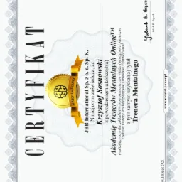 Certyfikat ukończenia Akademii Trenerów Mentalnych Online dla Krzysztofa Sosnowskiego, wydany przez JBB International Sp. z o. o. Sp. K., opatrzony podpisem Jakuba B. Bączka, listopad 2021.