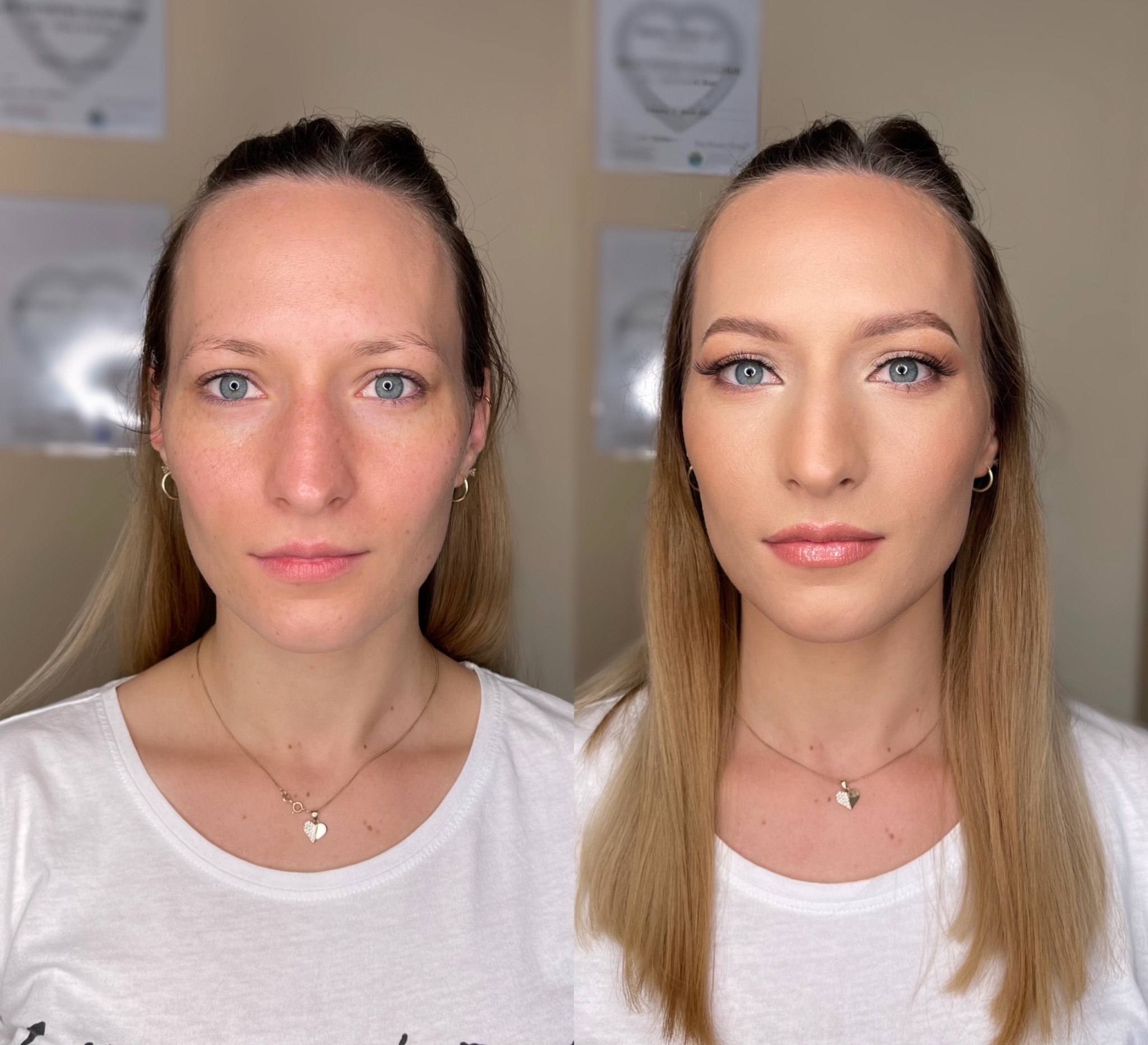 Portret kobiety przed i po delikatnym upiększeniu, widoczna różnica w makijażu oczu i ust, wyrównana cera, złoty naszyjnik w kształcie serca.