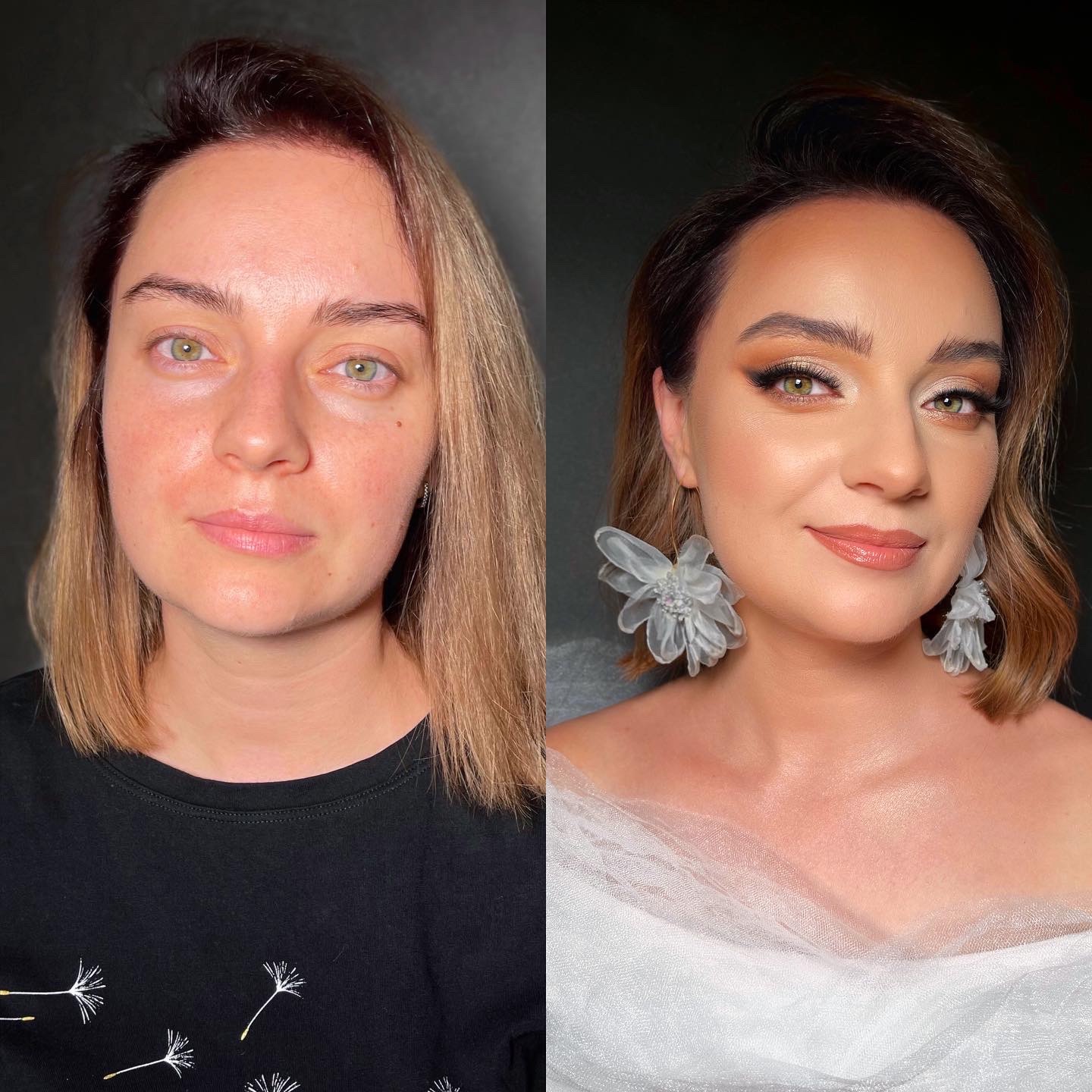Portret kobiety przed i po aplikacji kosmetyków upiększających, widoczne kolczyki w kształcie kwiatów i delikatna siateczka na ramionach.