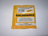 Żółte opakowanie z napisem Goldenmix, opisujące właściwości produktu, w tym zakres temperatur przechowywania (0-4°C).
