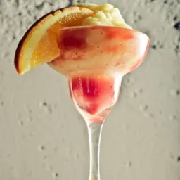 Szklanka z czerwono-pomarańczowym koktajlem i plasterkiem pomarańczy na krawędzi, stojąca na czarnej serwetce na tle szarej ściany.