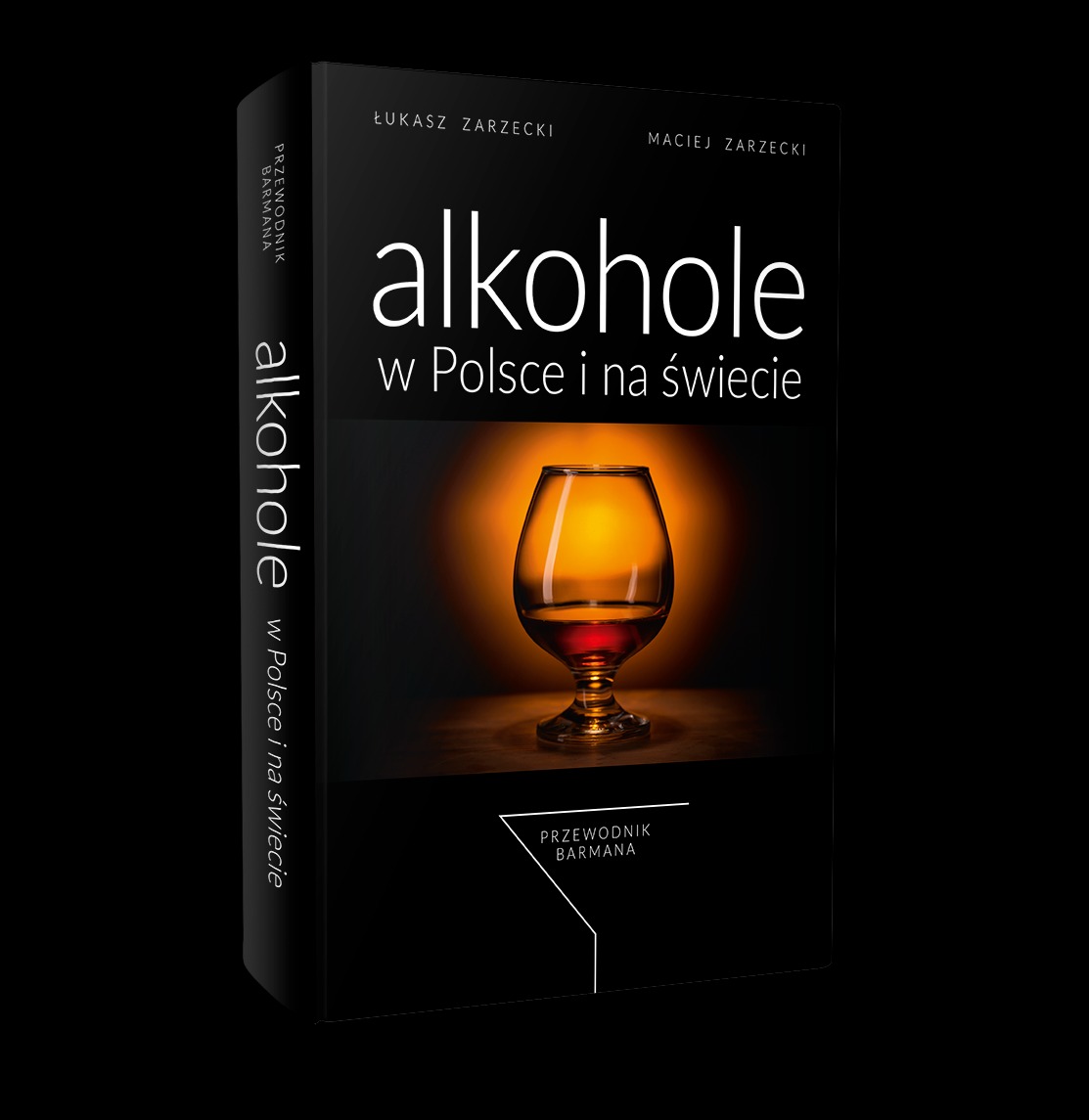 Okładka książki 'Alkohole w Polsce i na świecie' autorstwa Łukasza i Macieja Zarzeckich, z ilustracją kieliszka z bursztynowym trunkiem na czarnym tle.