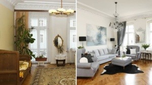 Porównanie pokoju przed i po metamorfozie: od żółtych ścian i staromodnych mebli do jasnego salonu z szarą sofą, nowoczesnym obrazem i parkietem ułożonym w jodełkę.