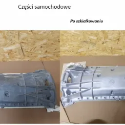 Porównanie miski olejowej silnika BMW przed i po obróbce: zmatowiona, brudna powierzchnia po lewej, gładka i srebrna po prawej.