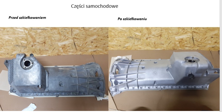 Porównanie miski olejowej silnika BMW przed i po obróbce: zmatowiona, brudna powierzchnia po lewej, gładka i srebrna po prawej.