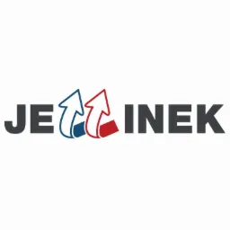 Logo firmy JE INEK z dwoma strzałkami skierowanymi do góry, jedna niebieska, druga czerwona, na białym tle.