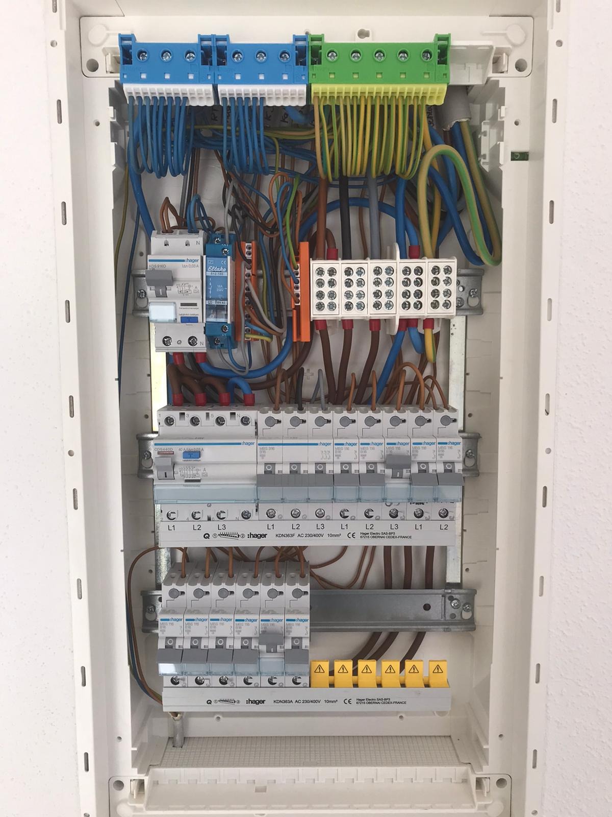 Otwarta skrzynka rozdzielcza z widocznymi bezpiecznikami, przewodami o różnych kolorach i złączkami, zamontowana na białej ścianie.