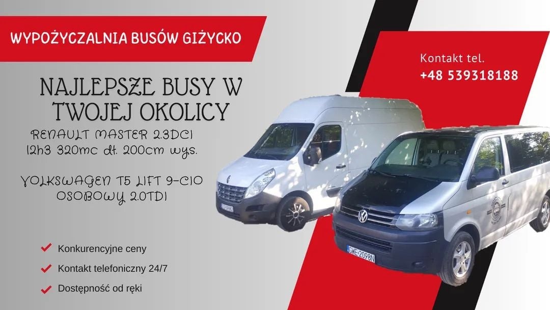Dwa busy: biały Renault Master i srebrny Volkswagen T5, na tle reklamy wypożyczalni busów w Giżycku, z informacjami o modelach, konkurencyjnych cenach i dostępności.