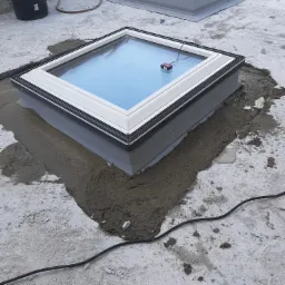 Montaż okna dachowego, rama okna uszczelniana zaprawą cementową na płaskim dachu, widoczny czarny przewód i wiadro z zaprawą.