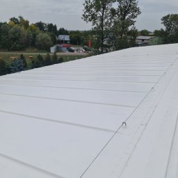 karmarRemonty Marcin Pański - Świeżo pomalowany na biało dach z blachy trapezowej, widoczne linki zabezpieczające, w tle zabudowania wiejskie pod pochmurnym niebem.