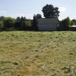 Rozległy trawnik po skoszeniu, z widocznymi śladami cięcia i resztkami trawy, z fragmentem zaparkowanego samochodu w prawym dolnym rogu i zabudowaniami w tle.