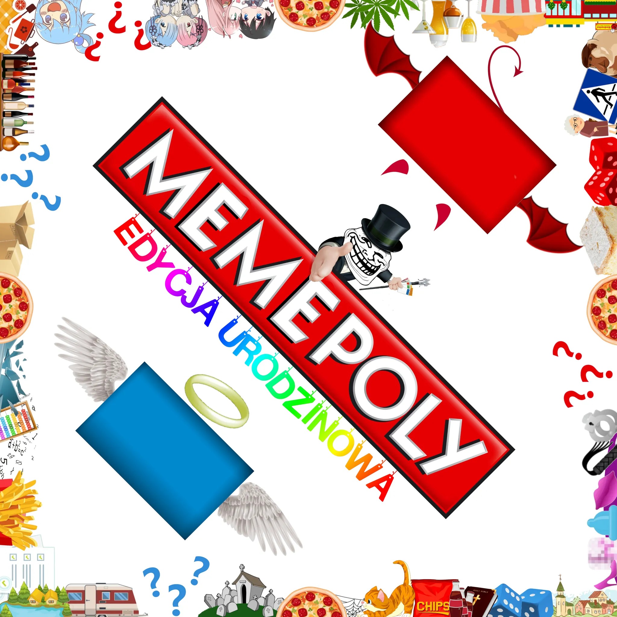 Grafika z napisem 'MEMEPOLY EDYCJA URODZINOWA' w stylu planszy do gry Monopoly, otoczona różnorodnymi elementami graficznymi, w tym postaciami z memów, jedzeniem, symbolami anioła i diabła...