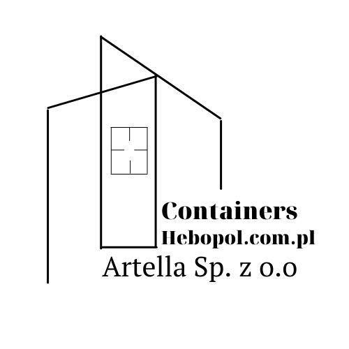 Uproszczony graficzny znak firmowy zarys domu z oknem, obok nazwa Containers, Hebopol.com.pl i Artella Sp. z o.o.