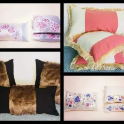 Kolaż przedstawiający różnorodne poduszki dekoracyjne: podłużne z motywami kwiatowymi, kwadratowe w pasy z frędzlami oraz aksamitne z futrzanymi wstawkami.