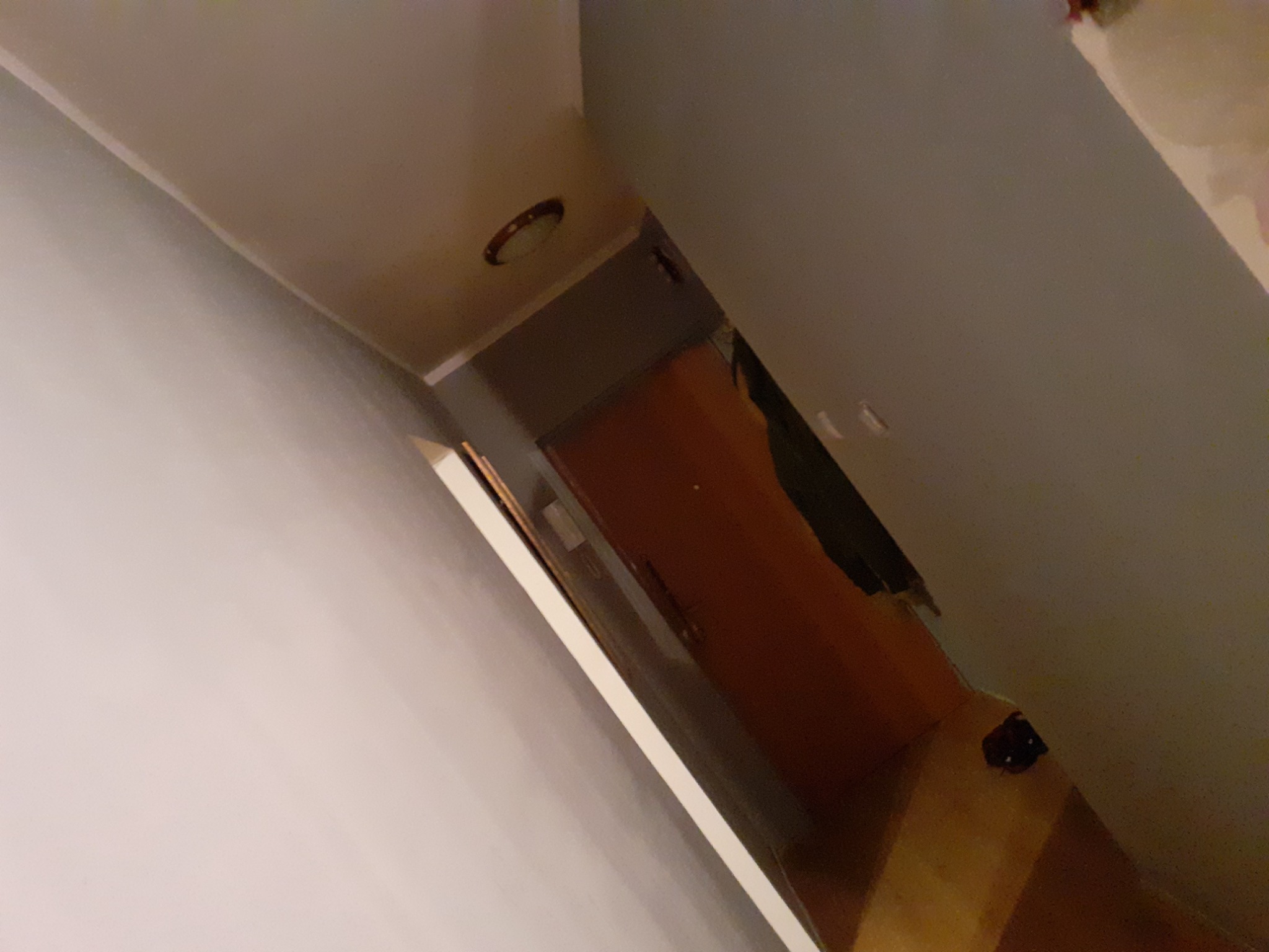 Świeżo pomalowana, jasnoszara ściana w korytarzu z widoczną, brązową futryną drzwi, oświetlona okrągłą lampą sufitową.