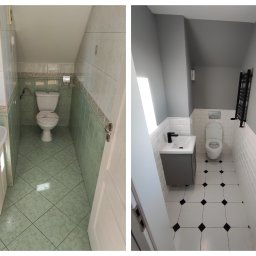 Pomieszczenie WC przed i po. podłoga heksagonalna.