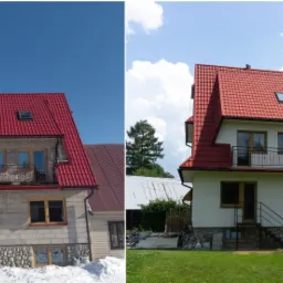 Porównanie domu przed i po renowacji dachu: od surowej konstrukcji w zimowym krajobrazie po otynkowaną elewację z czerwonym dachem w letnim otoczeniu.
