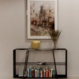 Czarny metalowy regał z książkami i dekoracjami, w tym wazon z suszem i obraz z motywem miejskim, na tle teksturowanej ściany.