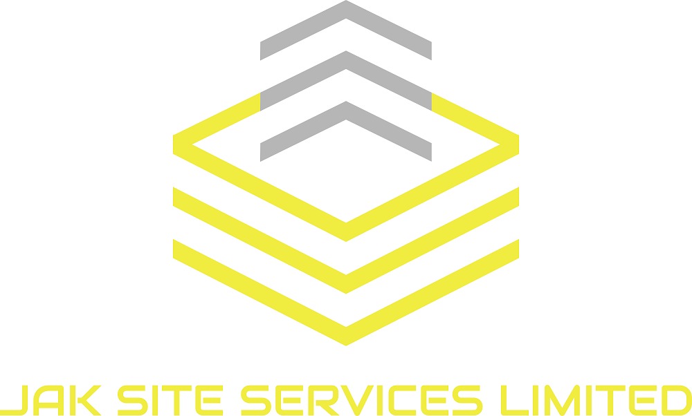 Graficzne logo firmy JAK SITE SERVICES LIMITED przedstawiające trójkątne, żółte i szare warstwy układające się w kształt domu.