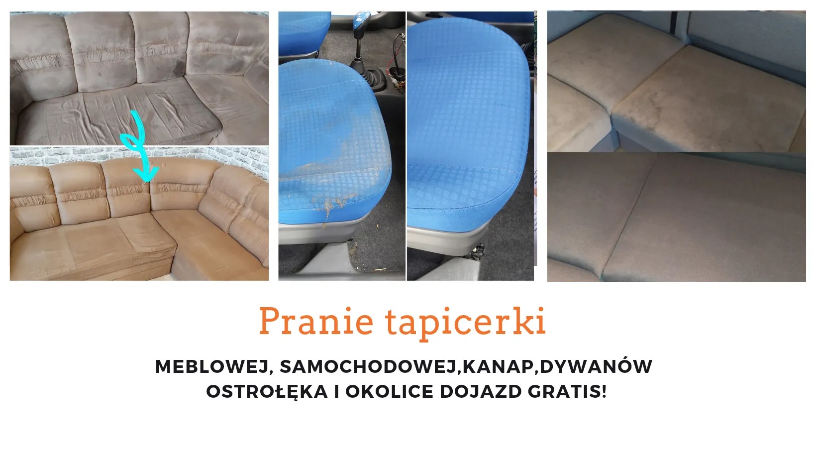 Kolaż przedstawiający efekty czyszczenia tapicerki meblowej i samochodowej: narożnik przed i po czyszczeniu z zaznaczeniem miejsca interwencji strzałką, fotel samochodowy przed i po usunięciu...
