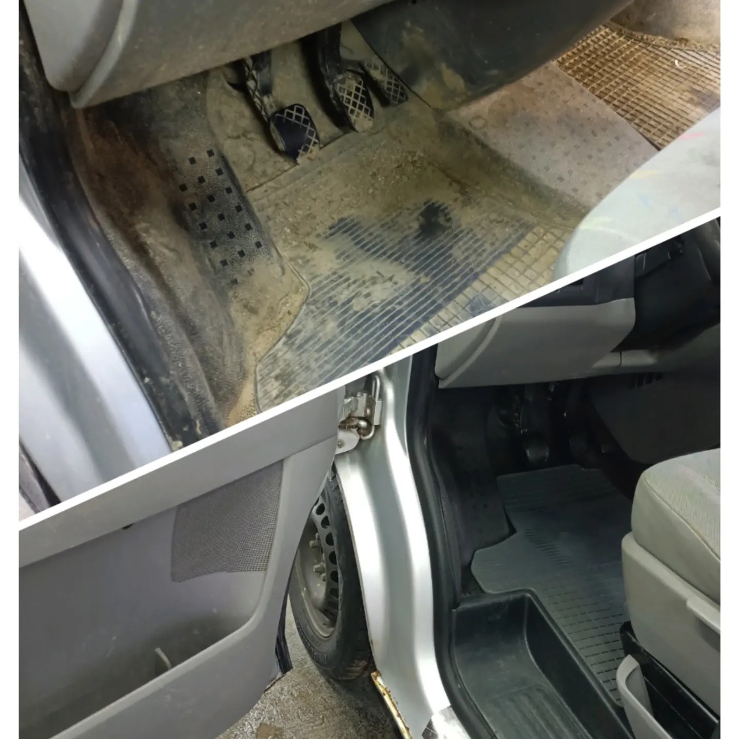 Porównanie: Bardzo brudna podłoga samochodu przed czyszczeniem (pedały, dywanik) i czysta podłoga po czyszczeniu (dywanik i próg)