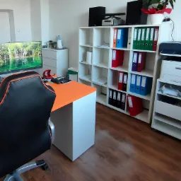 Wnętrze biura z pomarańczowym biurkiem, dwoma monitorami z motywem wodospadu, regałem z segregatorami i drukarką.