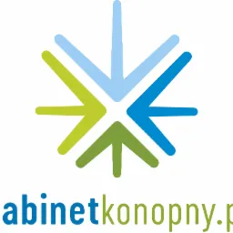 Logo gabinetkonopny.pl z abstrakcyjnym symbolem w odcieniach zieleni i błękitu, przypominającym kwiat lub gwiazdę.