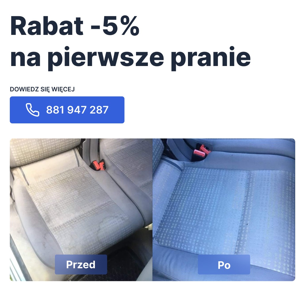 Porównanie fotela samochodowego przed i po czyszczeniu tapicerki, widoczna znaczna różnica w czystości i odświeżeniu materiału, z uwzględnieniem widocznych plam i zabrudzeń na pierwszym ujęciu.