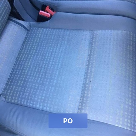 Jasnoszary fotel samochodowy z widocznym efektem czyszczenia: lewa strona z plamami, prawa po czyszczeniu, z napisem 'PO' na dole.